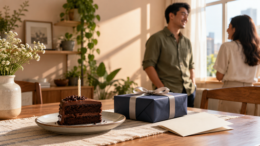 A slice of birthday cake, a navy wrapped gift and a card on a table, with a couple talking by a sunny window.