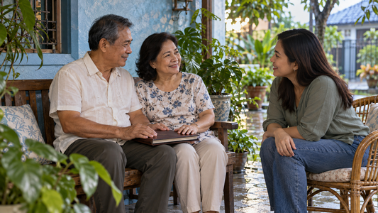 Parents sit with a closed photo album on a garden bench while their adult daughter talks with them on a leafy veranda.