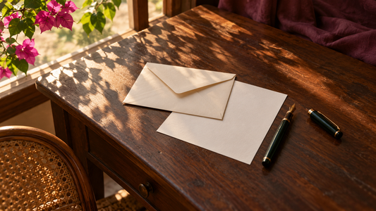 A cream envelope, blank sheet of paper and fountain pen on a wooden desk in warm window light beside bougainvillea.