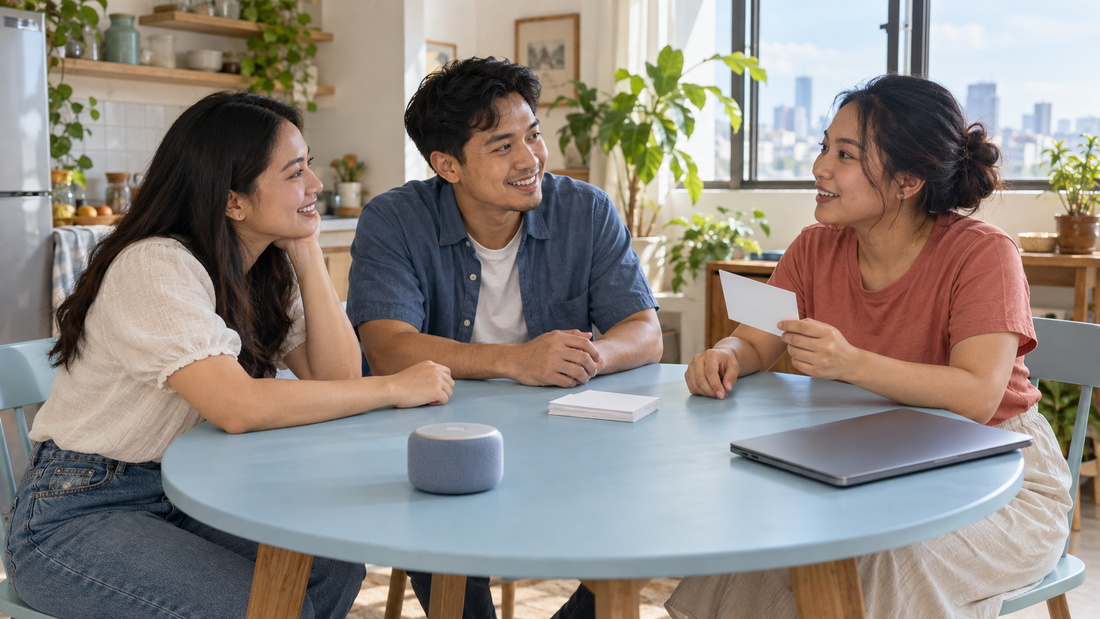 Three friends discuss a group gift around a pale blue table with blank cards, a wireless speaker and a closed laptop.