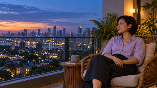 A woman sits on a balcony at dusk beside a wireless speaker, looking toward the city skyline.