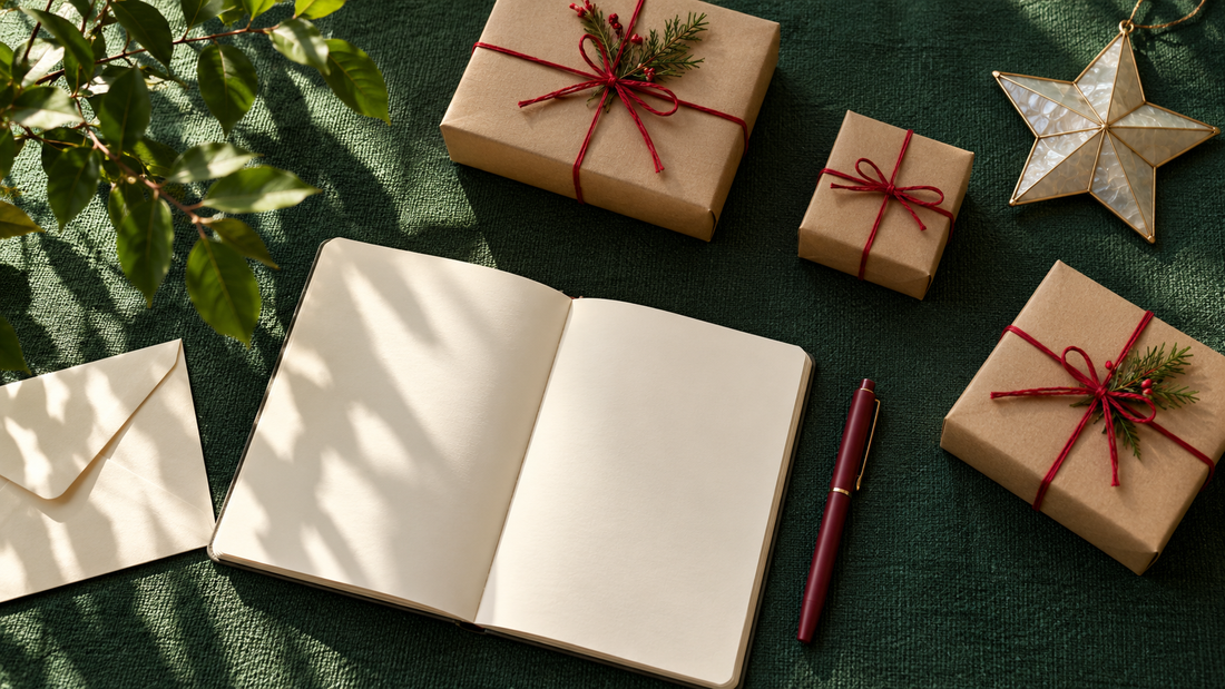A blank notebook, pen, wrapped gifts and a star ornament on a green tablecloth in morning light.