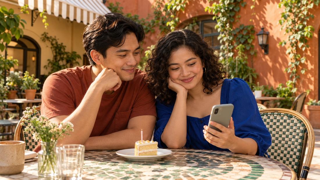 A couple looks at a phone held by the woman beside a birthday cake at a sunny courtyard café.