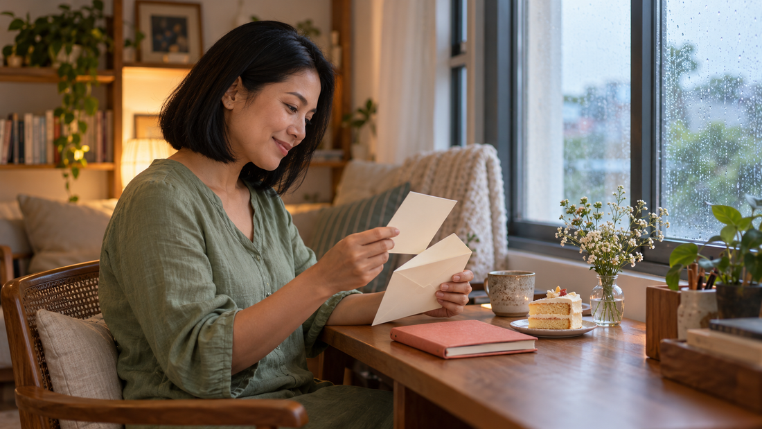 A woman reads a card beside a notebook and birthday cake at a wooden desk by a rain-speckled window.