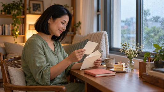 A woman reads a card beside a notebook and birthday cake at a wooden desk by a rain-speckled window.