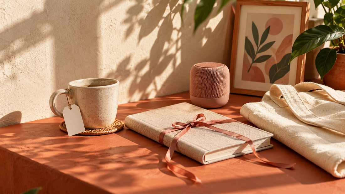 A ceramic cup, ribbon-tied notebook, folded canvas tote, botanical print and wireless speaker arranged in sunlight.