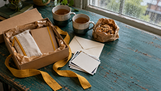 A gift box with a fabric pouch and notebook, an envelope, photographs, tea and cookies on a teal desk by a rainy window.