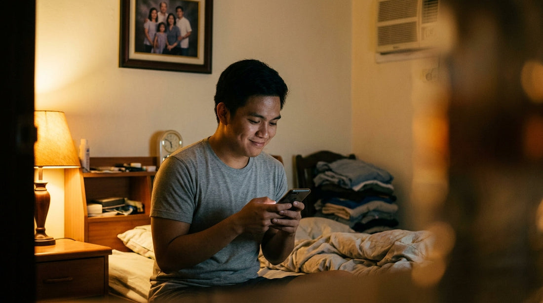 A Filipino man ordering a last-minute anniversary gift on his phone late at night