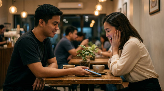 Filipino couple sharing a monthsary moment at a cafe with a personalized song from Gifty PH