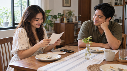 A woman opening a folded card at a dining table while her partner smiles at her, with a smartphone resting nearby.