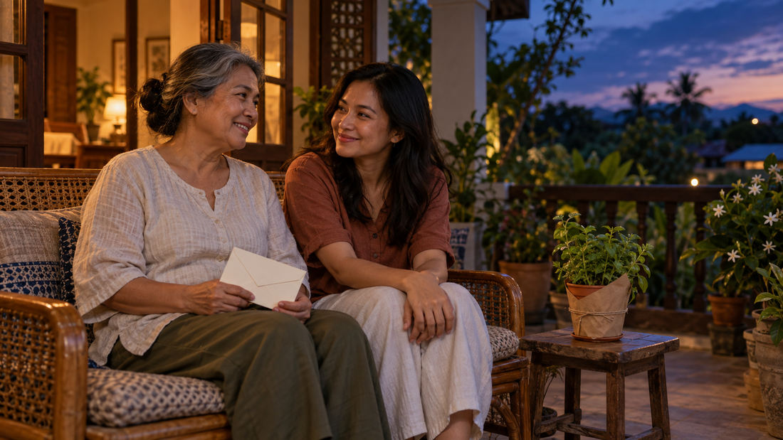 A mother and her adult daughter talking on a veranda at dusk, with an envelope and a potted plant nearby.