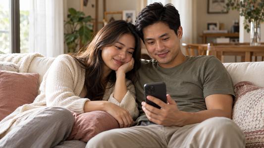 A couple sitting close together on a sofa, smiling as they look at a smartphone.