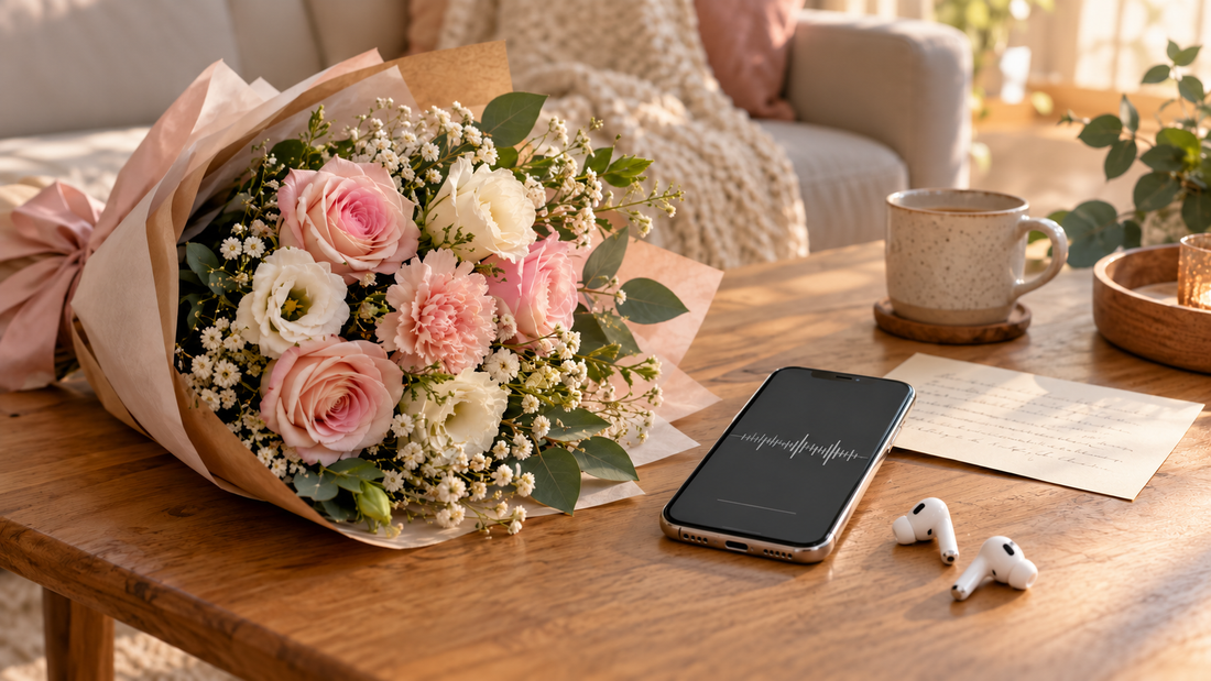 A bouquet of pink and cream flowers beside a smartphone, wireless earbuds, and a handwritten card on a wooden coffee table.
