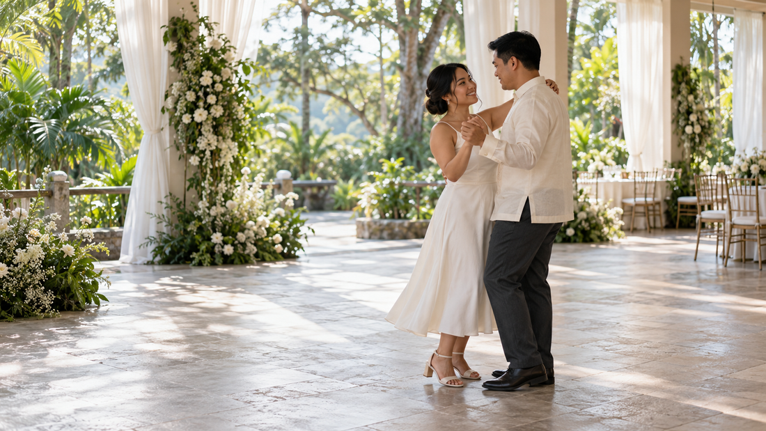 A couple practicing a slow wedding dance in a sunlit garden pavilion.